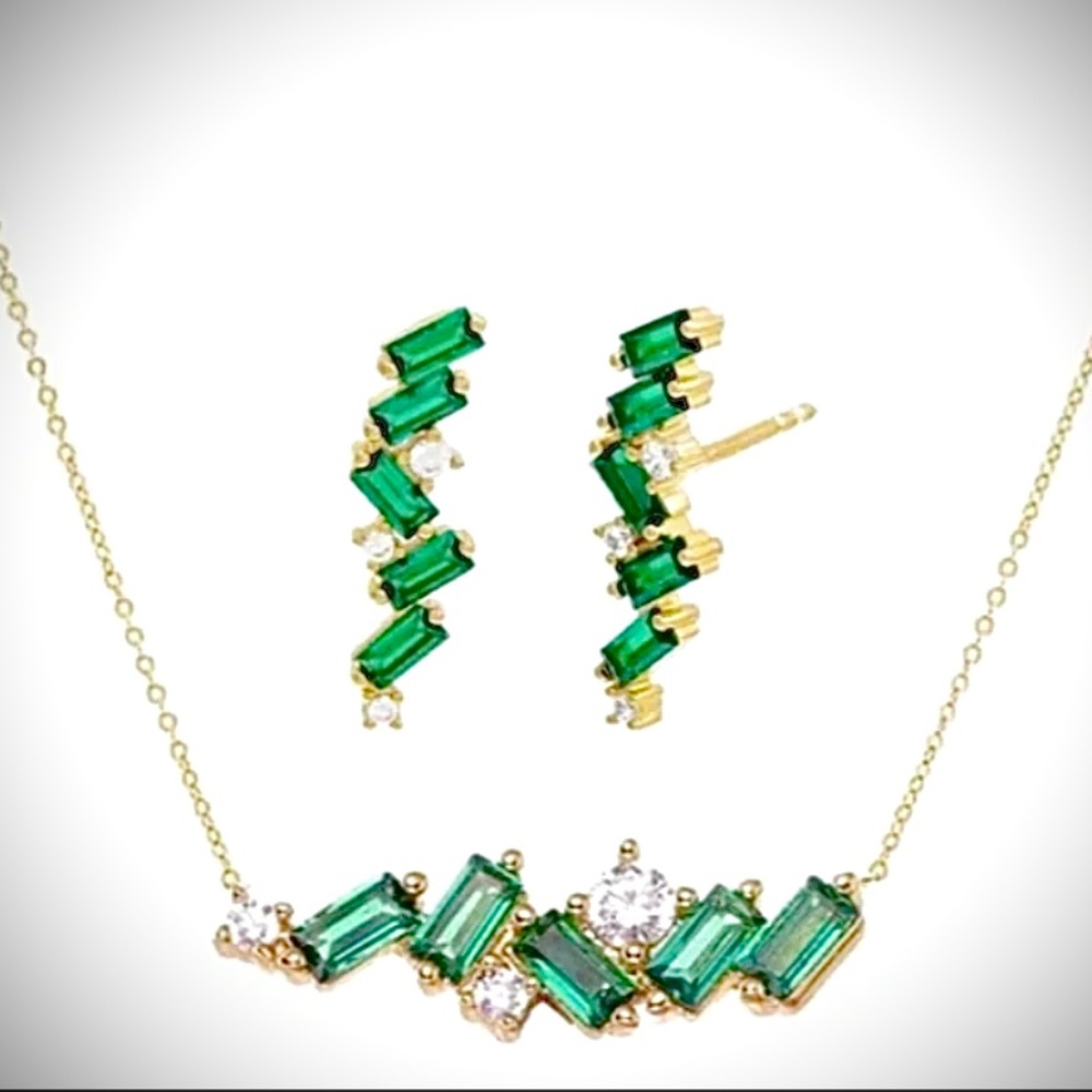 New Beautiful Set of Baguette Necklace Earrings Emerald Green CZ 14k Gold Plated